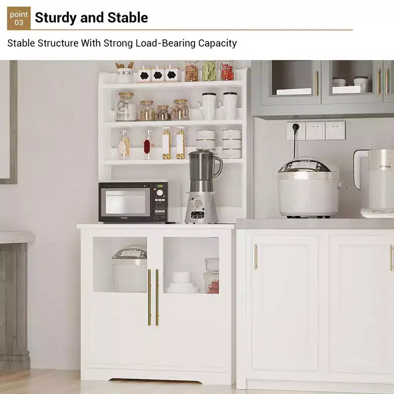 COZONY Bakers Rack with Power Outlet and 2 Glass Door, 63 Tall Farmhouse Wood Microwave Stand with Hutch & 3 Shelves, Coffee Bar Cabinet