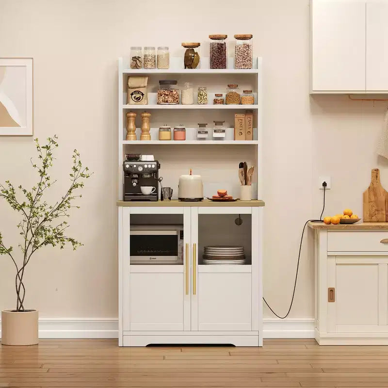 COZONY Bakers Rack with Power Outlet and 2 Glass Door, 63 Tall Farmhouse Wood Microwave Stand with Hutch & 3 Shelves, Coffee Bar Cabinet