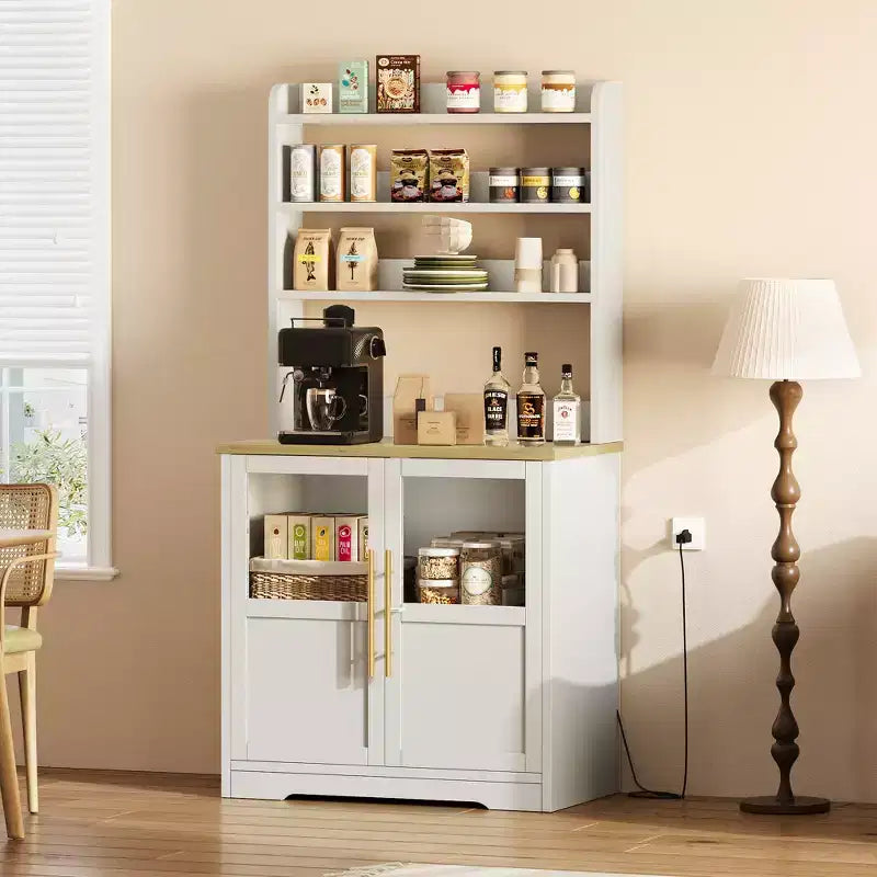 COZONY Bakers Rack with Power Outlet and 2 Glass Door, 63 Tall Farmhouse Wood Microwave Stand with Hutch & 3 Shelves, Coffee Bar Cabinet
