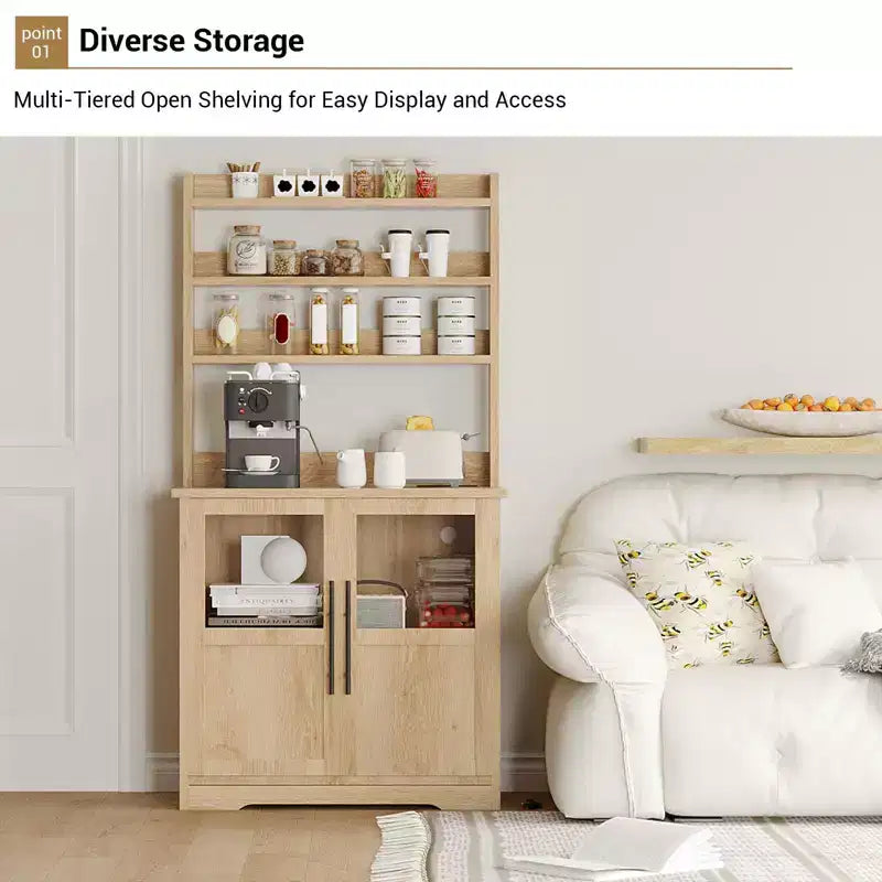 COZONY Bakers Rack with Power Outlet and 2 Glass Door, 63 Tall Farmhouse Wood Microwave Stand with Hutch & 3 Shelves, Coffee Bar Cabinet