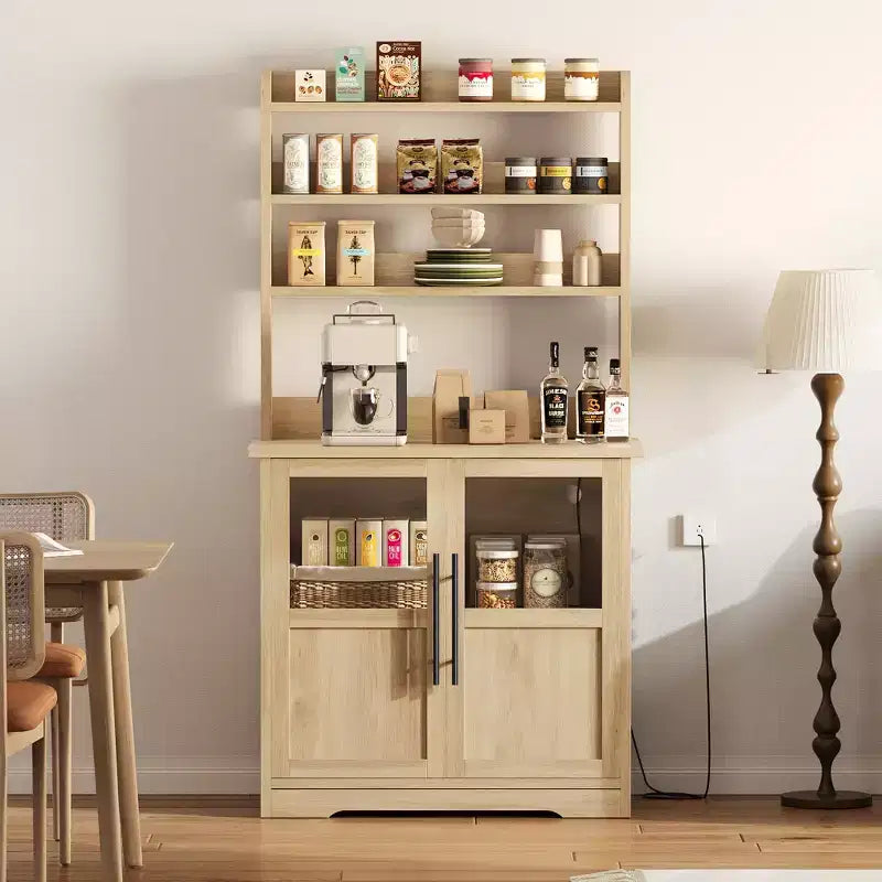 COZONY Bakers Rack with Power Outlet and 2 Glass Door, 63 Tall Farmhouse Wood Microwave Stand with Hutch & 3 Shelves, Coffee Bar Cabinet