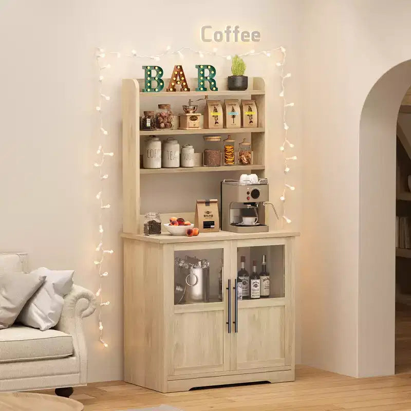 COZONY Bakers Rack with Power Outlet and 2 Glass Door, 63 Tall Farmhouse Wood Microwave Stand with Hutch & 3 Shelves, Coffee Bar Cabinet