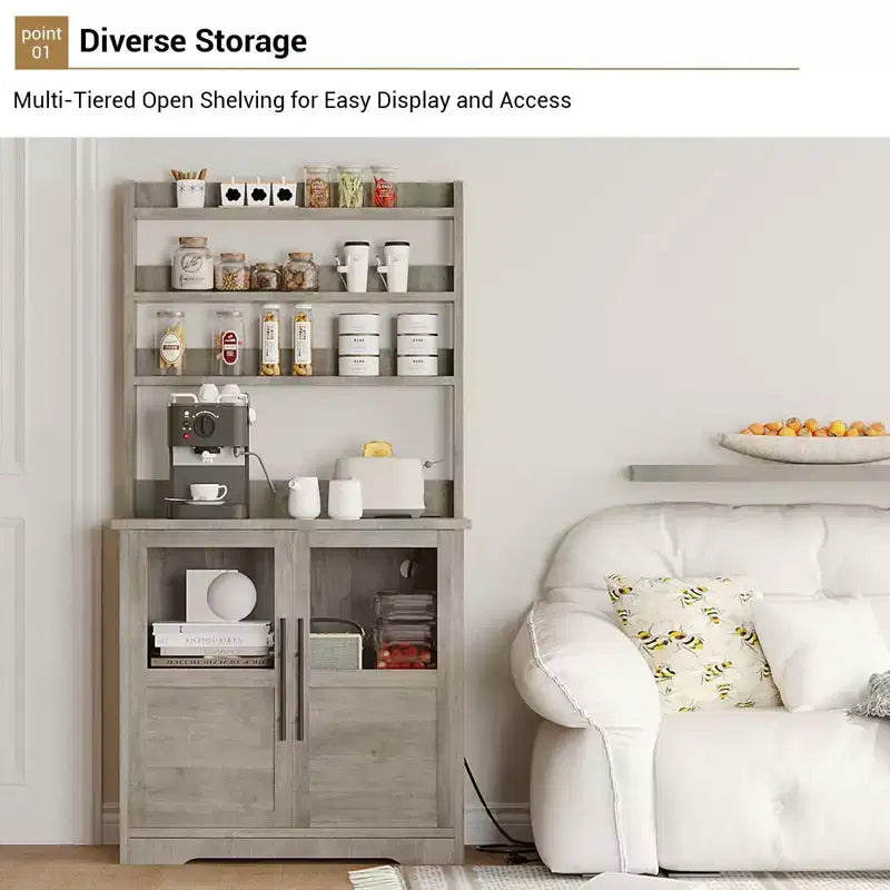 COZONY Bakers Rack with Power Outlet and 2 Glass Door, 63 Tall Farmhouse Wood Microwave Stand with Hutch & 3 Shelves, Coffee Bar Cabinet