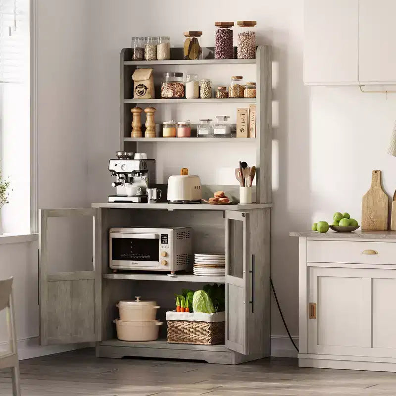 COZONY Bakers Rack with Power Outlet and 2 Glass Door, 63 Tall Farmhouse Wood Microwave Stand with Hutch & 3 Shelves, Coffee Bar Cabinet