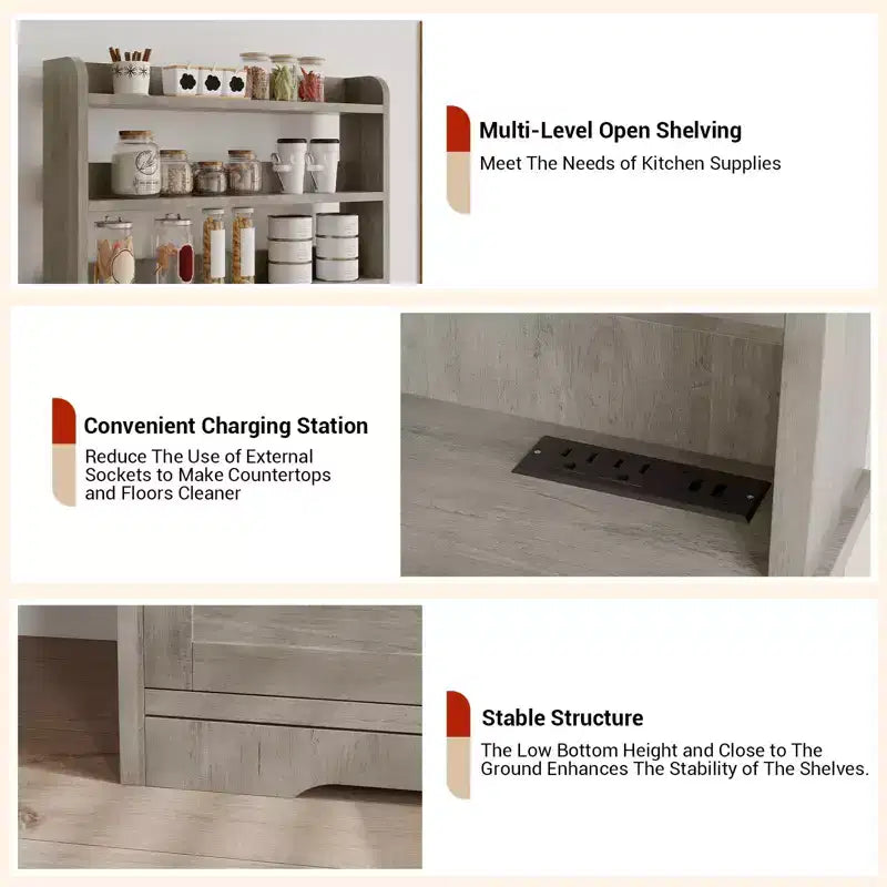 COZONY Bakers Rack with Power Outlet and 2 Glass Door, 63 Tall Farmhouse Wood Microwave Stand with Hutch & 3 Shelves, Coffee Bar Cabinet