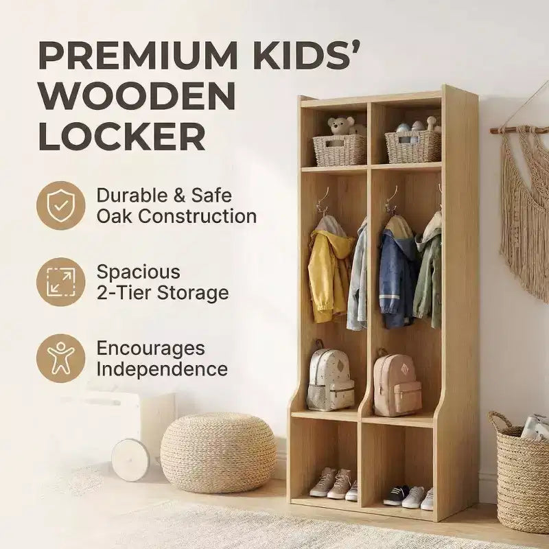 Coat Locker with 2 Sections  4 Storage Cubbies and 4 Hooks  Durable Organizer for Home, Study Room, Nursery, Kindergarten