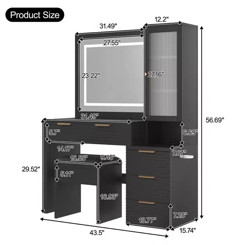 GDFStudio Doris Modern Wood Makeup Vanity with Stool, LED Lighted Mirror, Glass Door Cabinet, 5 Drawers and Charging Station