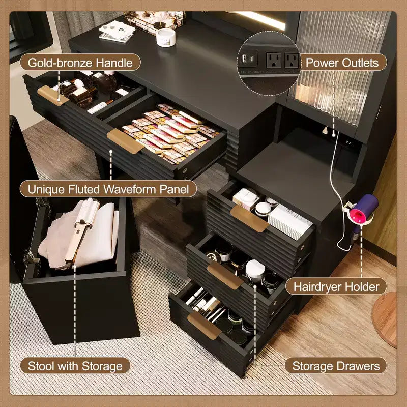 GDFStudio Doris Modern Wood Makeup Vanity with Stool, LED Lighted Mirror, Glass Door Cabinet, 5 Drawers and Charging Station