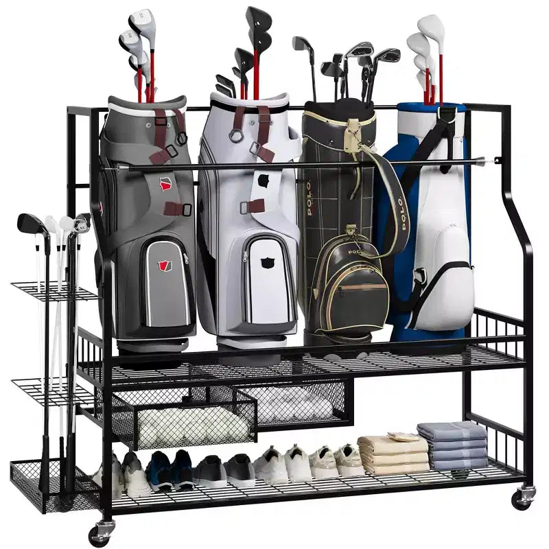 Golf Bag Storage Rack with Wheels & Drawers - 4-Bag Organizer for Garage Home