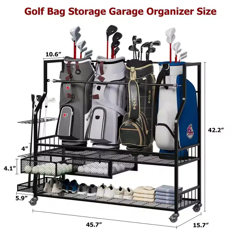 Support de rangement de sacs de golf avec roulettes et tiroirs - Organiseur 4 sacs pour garage et maison