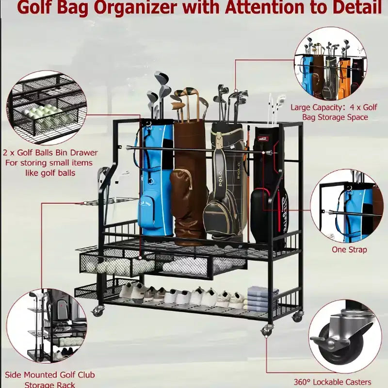 Support de rangement de sacs de golf avec roulettes et tiroirs - Organiseur 4 sacs pour garage et maison