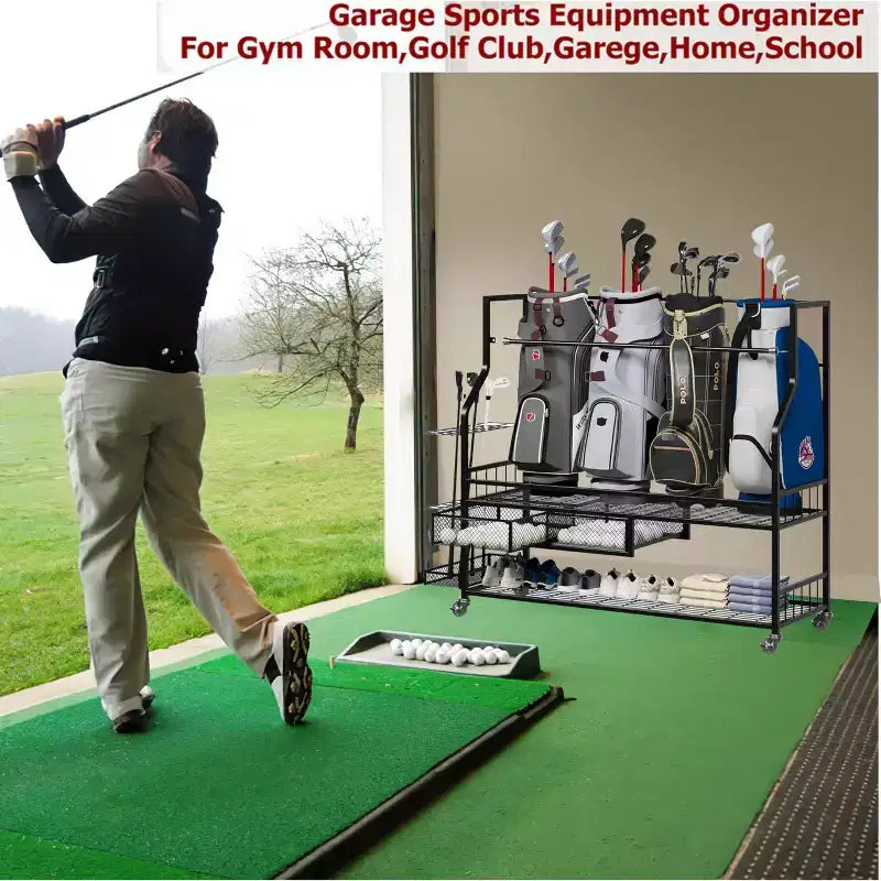 Support de rangement de sacs de golf avec roulettes et tiroirs - Organiseur 4 sacs pour garage et maison