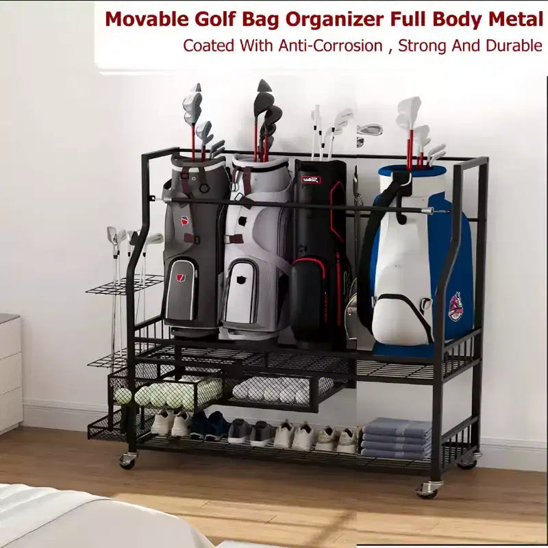Support de rangement de sacs de golf avec roulettes et tiroirs - Organiseur 4 sacs pour garage et maison