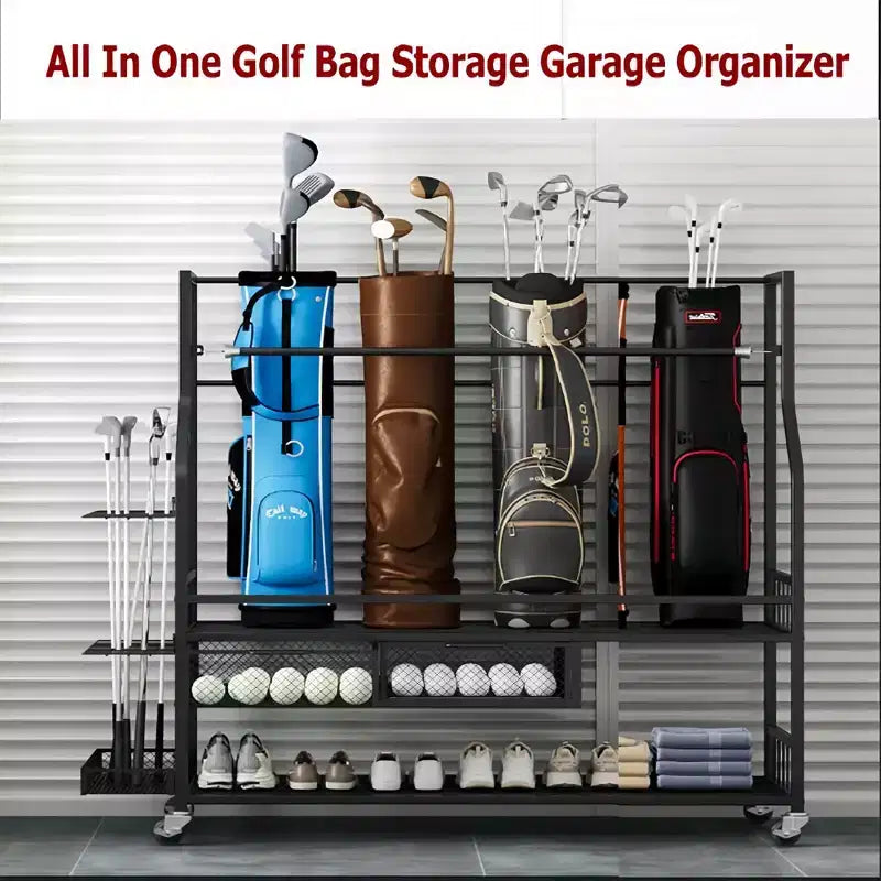 Support de rangement de sacs de golf avec roulettes et tiroirs - Organiseur 4 sacs pour garage et maison