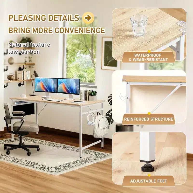 Karl Home 63 Computer Desk for Home Office ,Study Writing Desk with Storage, Side Hooks & Adjustable Feet