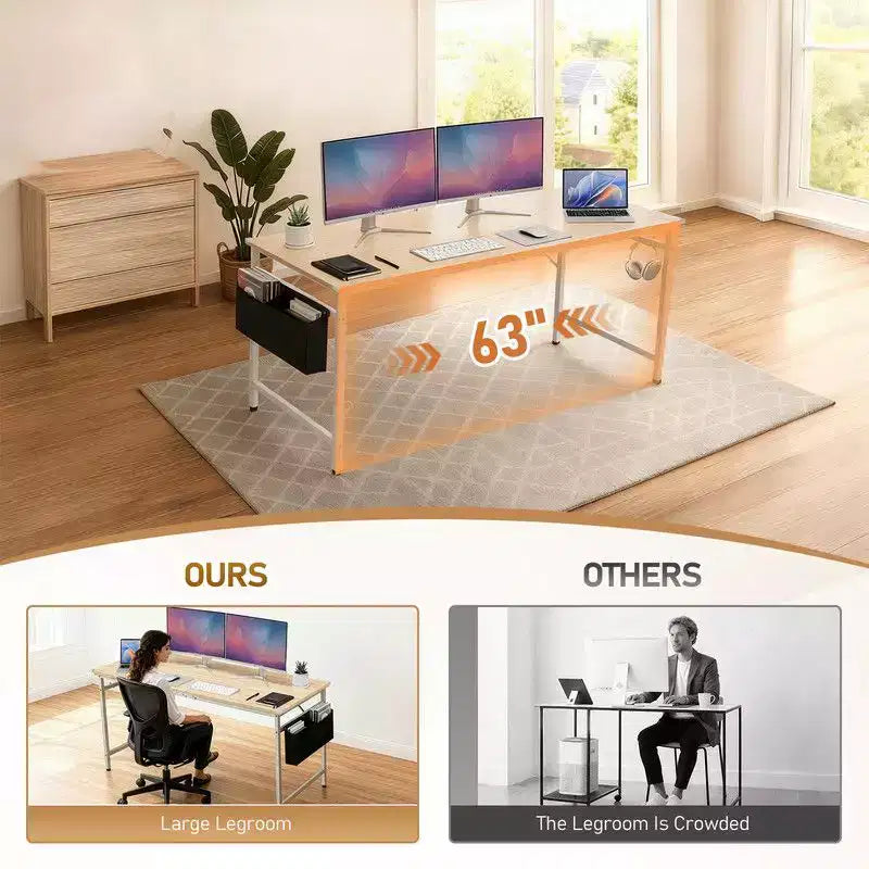 Karl Home 63 Computer Desk for Home Office ,Study Writing Desk with Storage, Side Hooks & Adjustable Feet