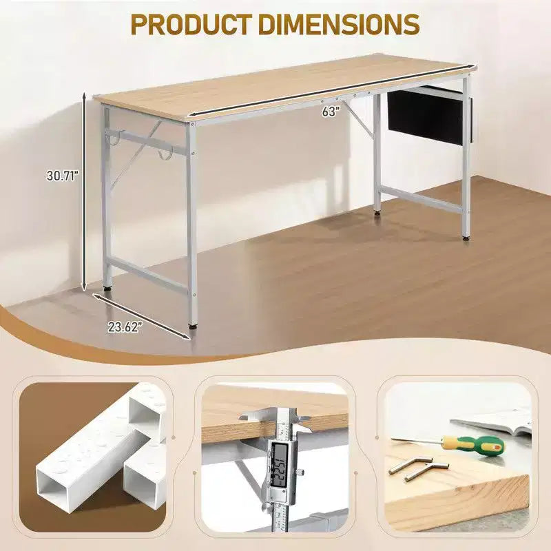 Karl Home 63 Computer Desk for Home Office ,Study Writing Desk with Storage, Side Hooks & Adjustable Feet
