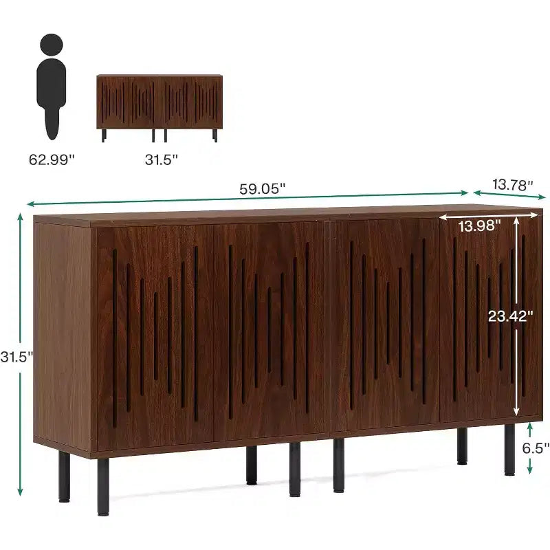 Buffet vintage, buffet de ferme en noyer de 150 cm avec portes, étagères réglables, idéal pour la cuisine, le couloir.