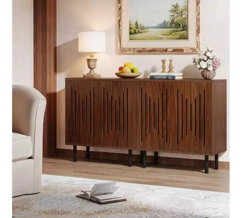 Buffet vintage, buffet de ferme en noyer de 150 cm avec portes, étagères réglables, idéal pour la cuisine, le couloir.