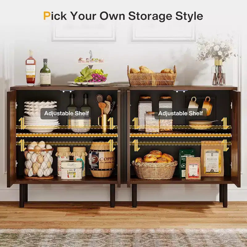 Buffet vintage, buffet de ferme en noyer de 150 cm avec portes, étagères réglables, idéal pour la cuisine, le couloir.