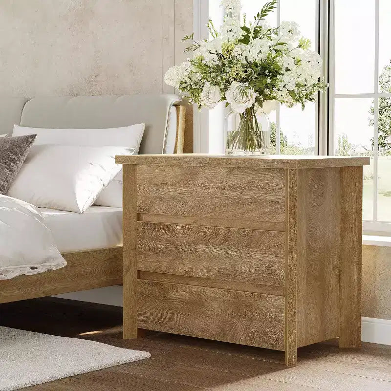 Lantine 3-Drawer Nightstand, Wooden Farmhouse Bedside Table for Bedroom, Large Wide Nightstand with Drawers, Oak