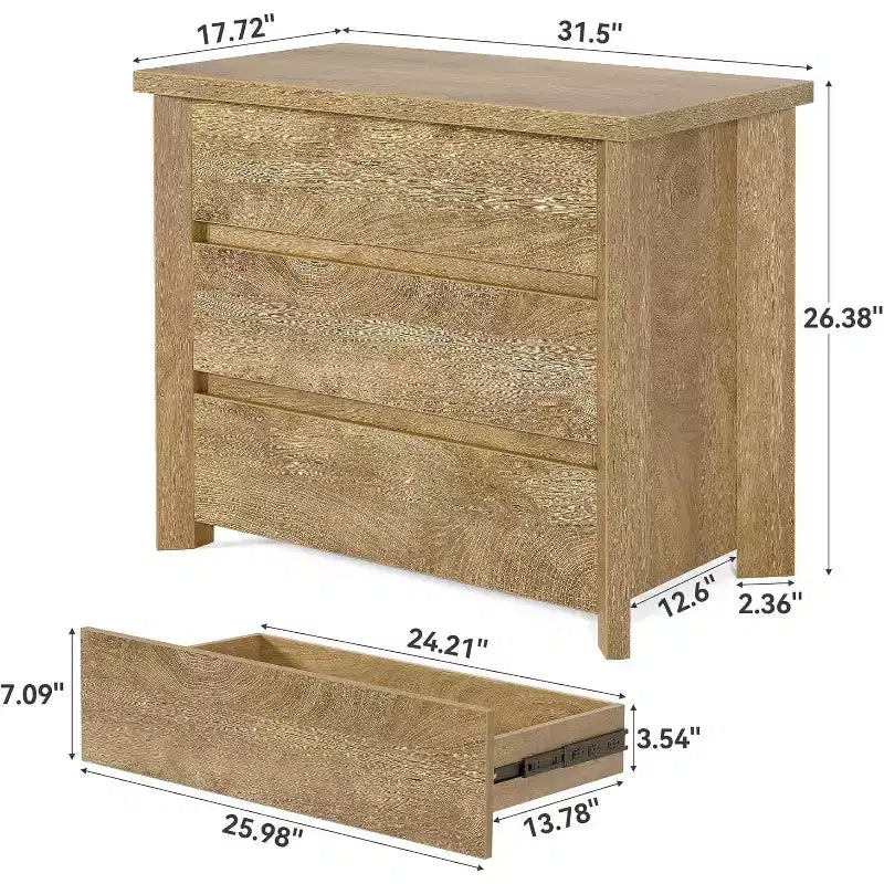 Table de chevet à 3 tiroirs, Table de chevet de ferme en bois pour chambre à coucher, Grande table de chevet large avec tiroirs, Chêne