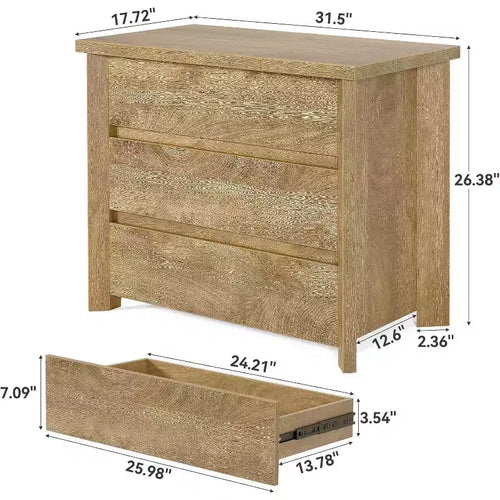 Table de chevet à 3 tiroirs, Table de chevet de ferme en bois pour chambre à coucher, Grande table de chevet large avec tiroirs, Chêne