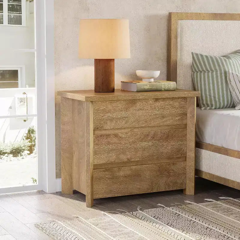 Table de chevet à 3 tiroirs, Table de chevet de ferme en bois pour chambre à coucher, Grande table de chevet large avec tiroirs, Chêne