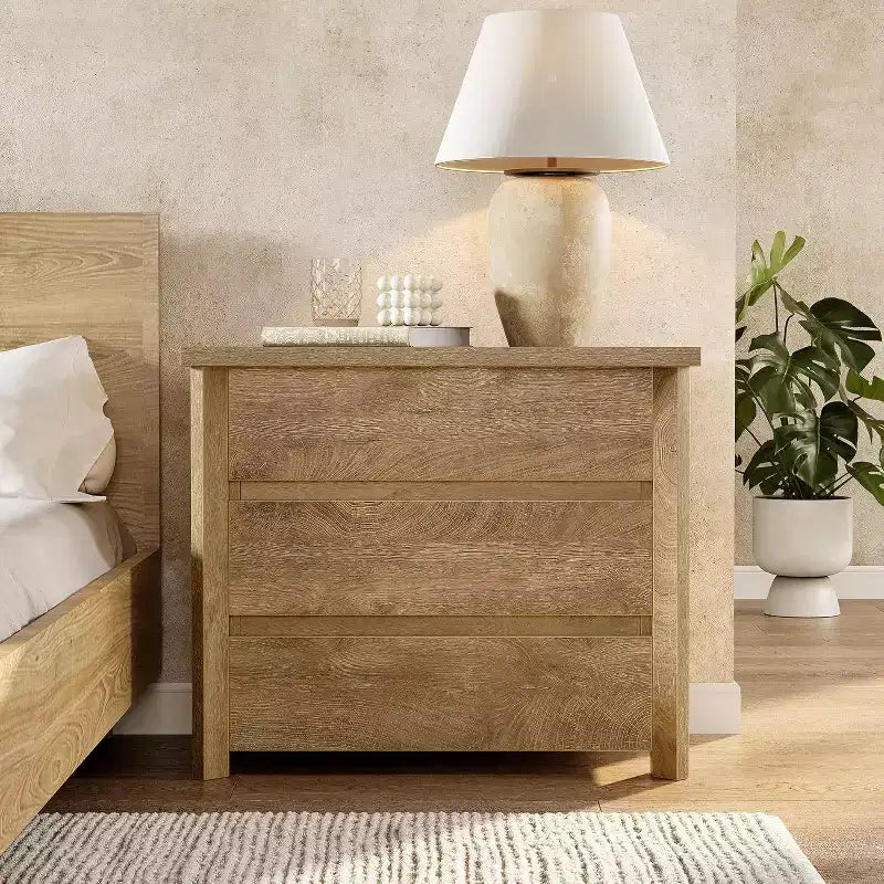 Table de chevet à 3 tiroirs, Table de chevet de ferme en bois pour chambre à coucher, Grande table de chevet large avec tiroirs, Chêne
