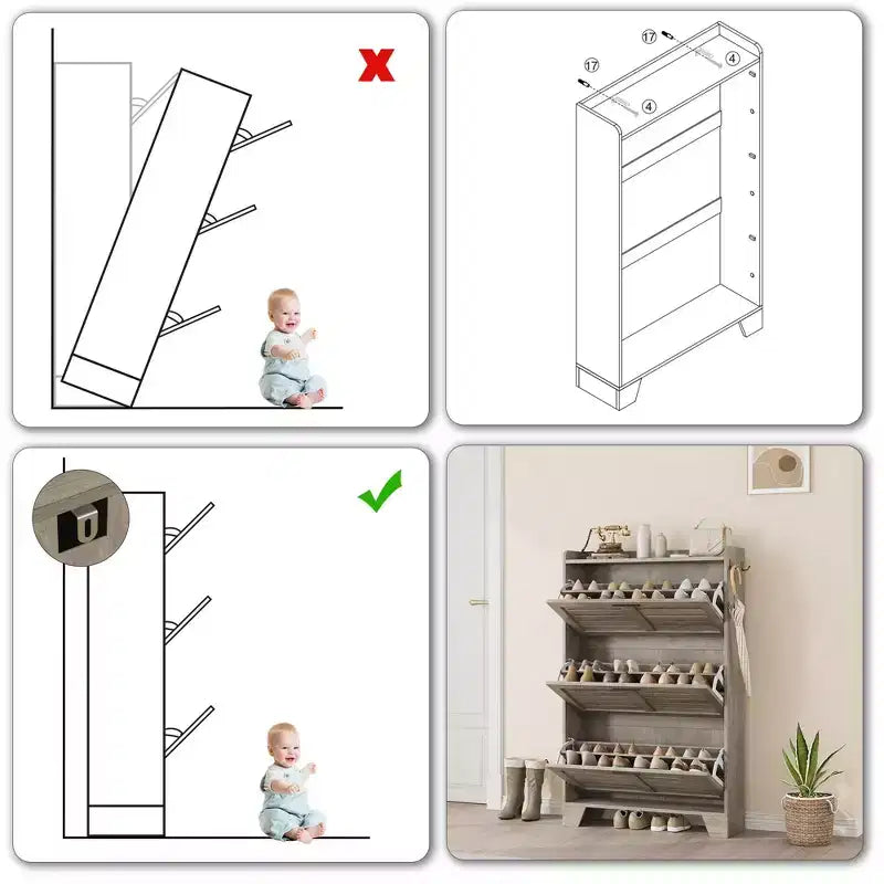 Meuble à chaussures de ferme à 3 tiroirs basculants, meuble de rangement de chaussures dissimulé, mince et autoportant, étagère de rangement peu encombrante pour entrée et petits espaces