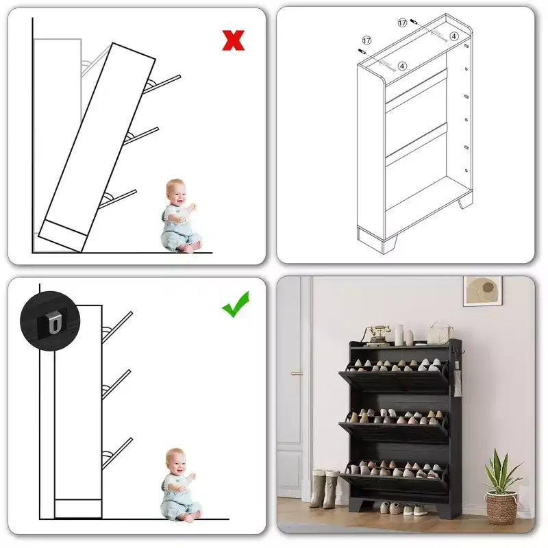 Meuble à chaussures de ferme à 3 tiroirs basculants, meuble de rangement de chaussures dissimulé, mince et autoportant, étagère de rangement peu encombrante pour entrée et petits espaces
