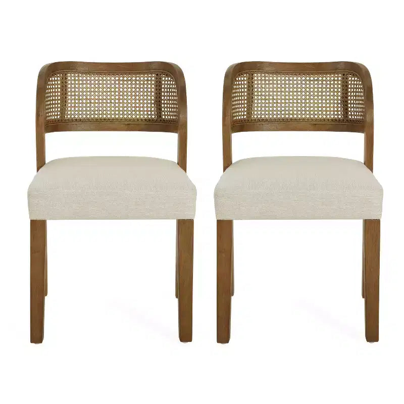 Chaises de salle à manger tapissées en bois d'hévéa style rustique avec dossier incurvé en rotin naturel