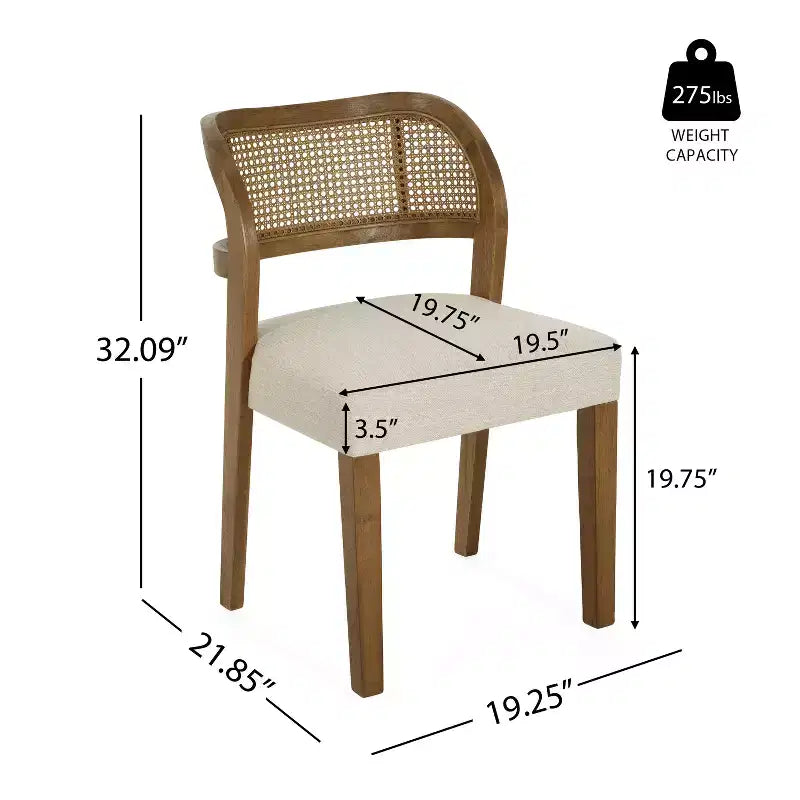 Chaises de salle à manger tapissées en bois d'hévéa style rustique avec dossier incurvé en rotin naturel