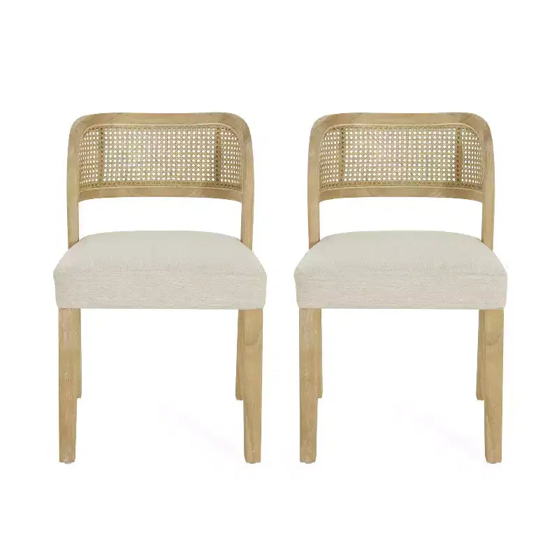 Chaises de salle à manger tapissées en bois d'hévéa style rustique avec dossier incurvé en rotin naturel