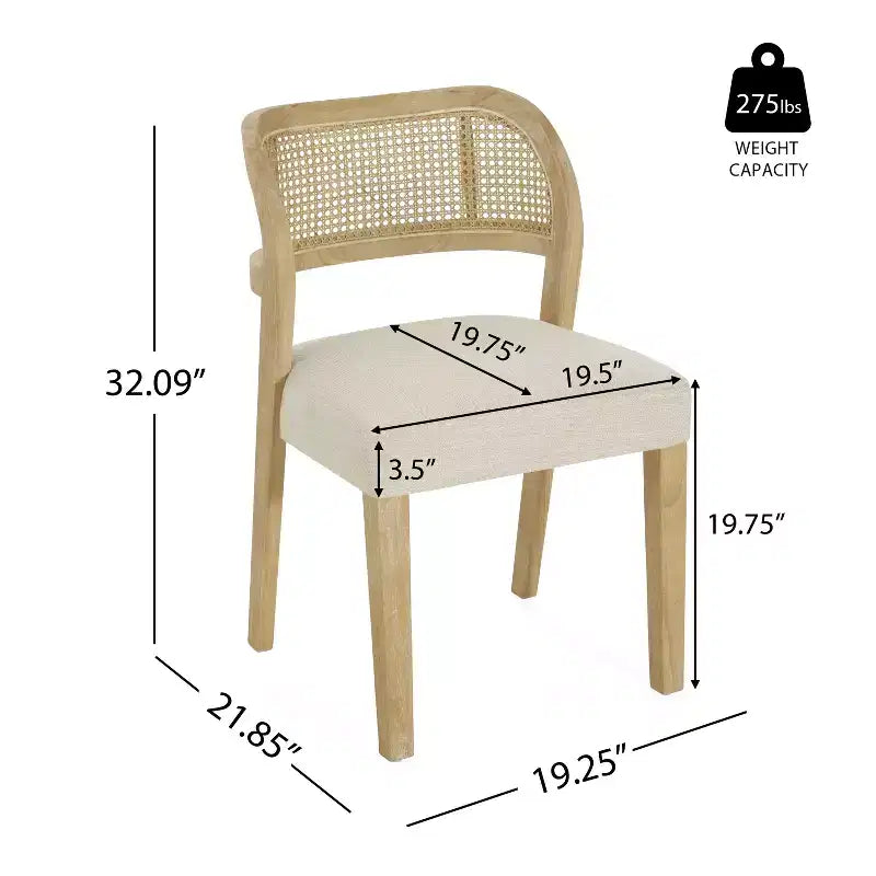 Chaises de salle à manger tapissées en bois d'hévéa style rustique avec dossier incurvé en rotin naturel