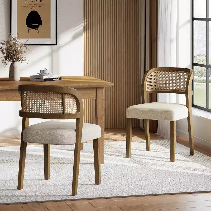 Chaises de salle à manger tapissées en bois d'hévéa style rustique avec dossier incurvé en rotin naturel