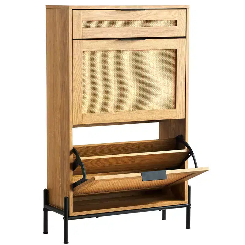 Rattan Shoe Cabinet Narrow Entryway Storage Organizer with 2 Flip Drawers Slide Drawer Metal Legs Boho Style Holds 12 Pairs of Shoes