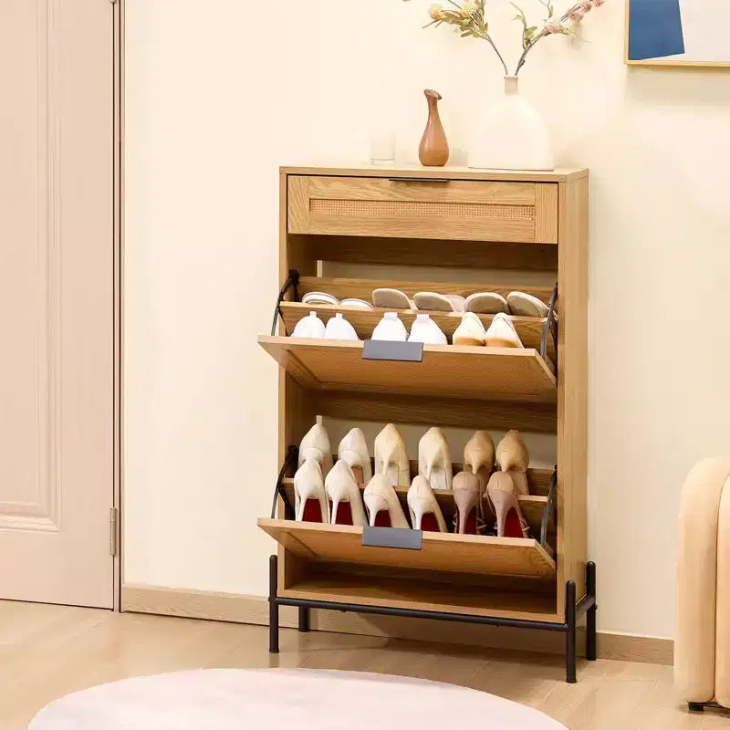 Meuble à chaussures étroit en rotin avec 2 tiroirs à abattant, tiroir coulissant, pieds en métal – Peut contenir 12 paires de chaussures