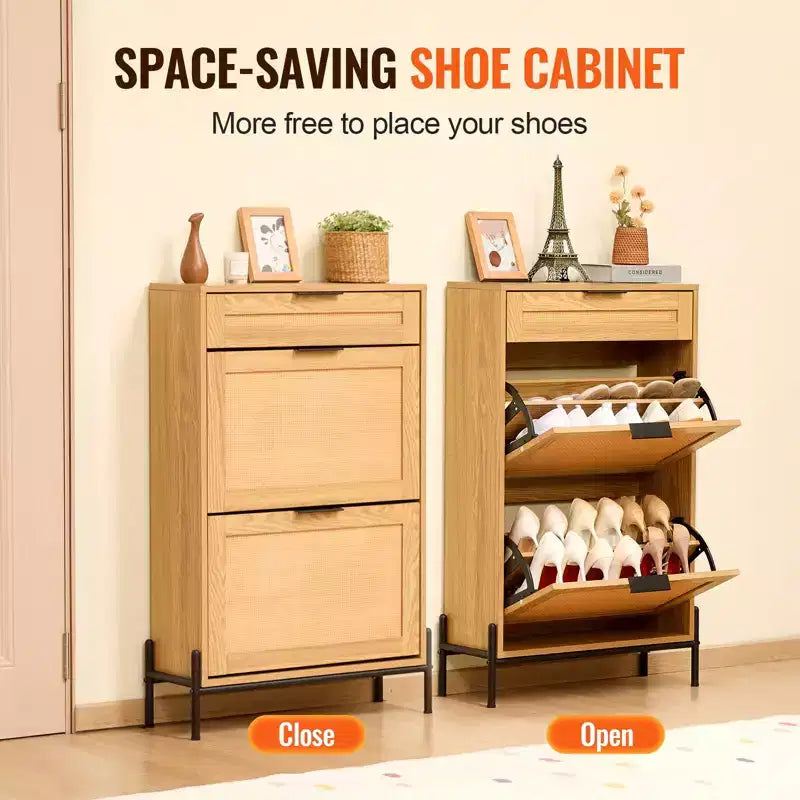 Meuble à chaussures étroit en rotin avec 2 tiroirs à abattant, tiroir coulissant, pieds en métal – Peut contenir 12 paires de chaussures