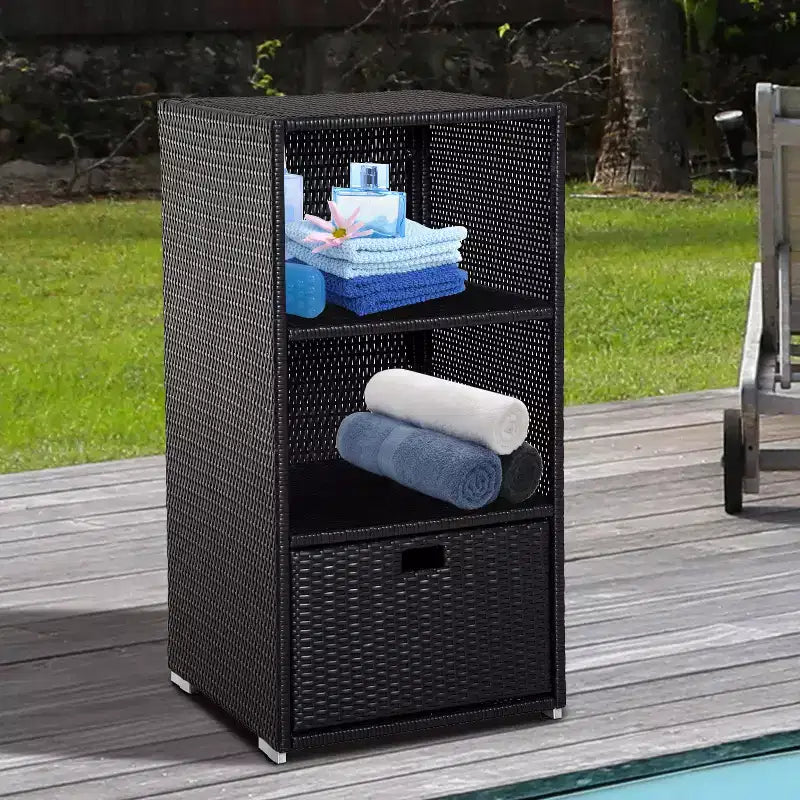 Meuble de rangement pour serviettes de piscine, en osier avec rangement, 2 étagères et tiroir inférieur, pour piscine, patio, arrière-cour, 47, marron foncé