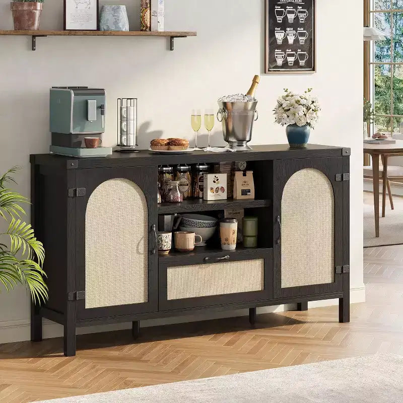 Buffet Cabinet, 59 Inch Rattan Storage Sideboard with Adjustable Shelves & Drawer, Black Boho Farmhouse