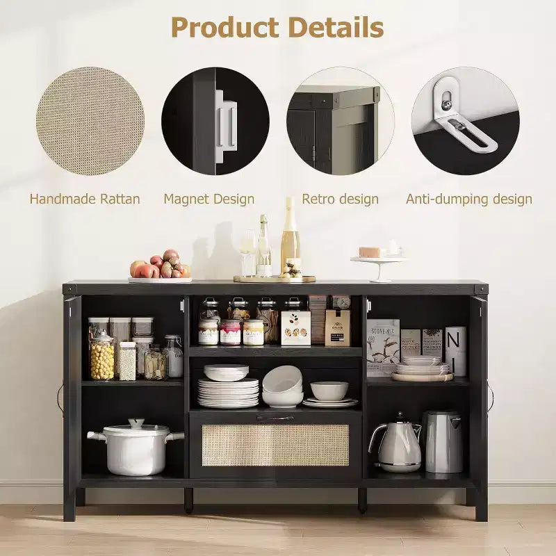 Meuble Buffet, Bahut de Rangement en Rotin de 150 cm avec Étagères Réglables et Tiroir, Noir Style Bohème Ferme