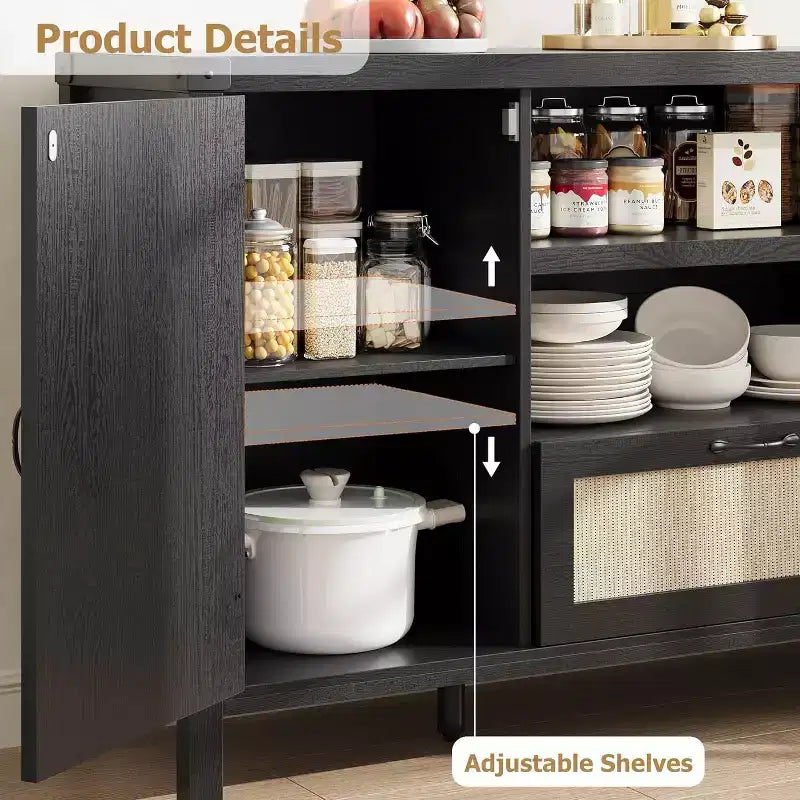 Meuble Buffet, Bahut de Rangement en Rotin de 150 cm avec Étagères Réglables et Tiroir, Noir Style Bohème Ferme