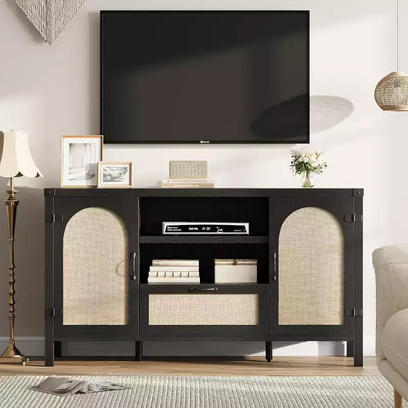 Meuble Buffet, Bahut de Rangement en Rotin de 150 cm avec Étagères Réglables et Tiroir, Noir Style Bohème Ferme