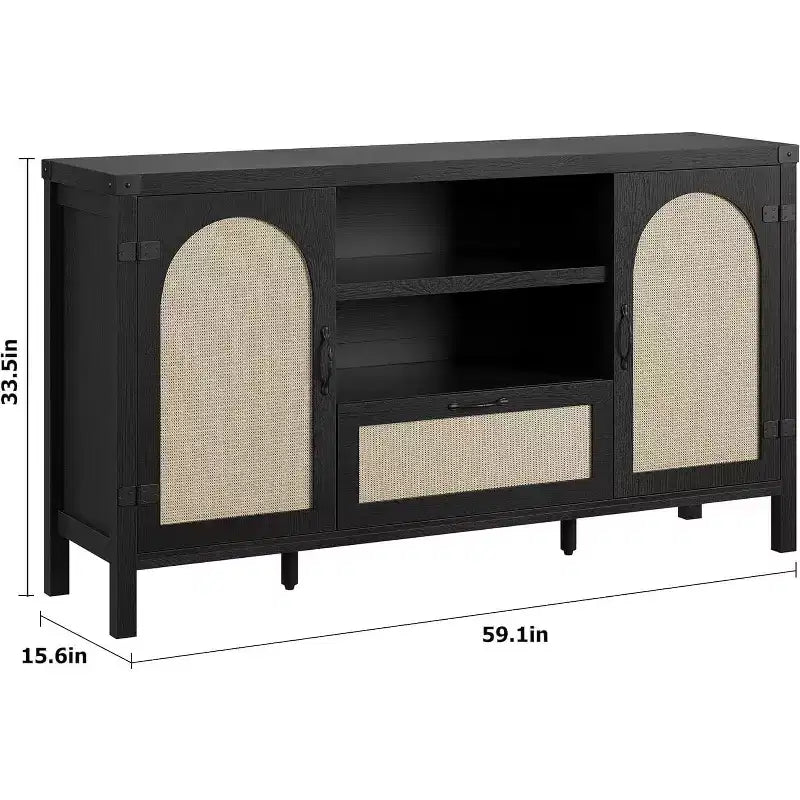 Meuble Buffet, Bahut de Rangement en Rotin de 150 cm avec Étagères Réglables et Tiroir, Noir Style Bohème Ferme