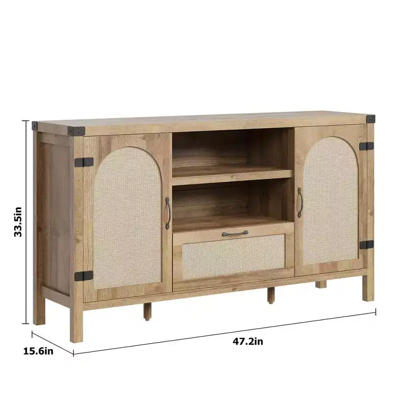 47 Meuble de Rangement Buffet de Ferme en Rotin avec Étagères Réglables et Portes en Cannage Cintrées, Buffet de Rangement pour Cuisine, Salle à Manger, Salon et Entrée