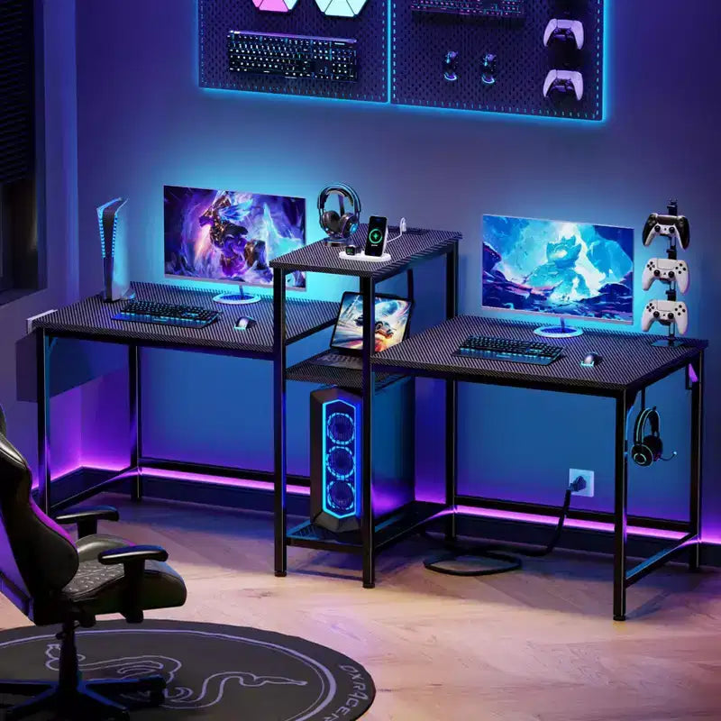 71 Inch Black Two Person Gaming Desk with LED Lights Double Computer Desk Monitor Stand Storage Shelves Headphone Hook Home Office Workstation
