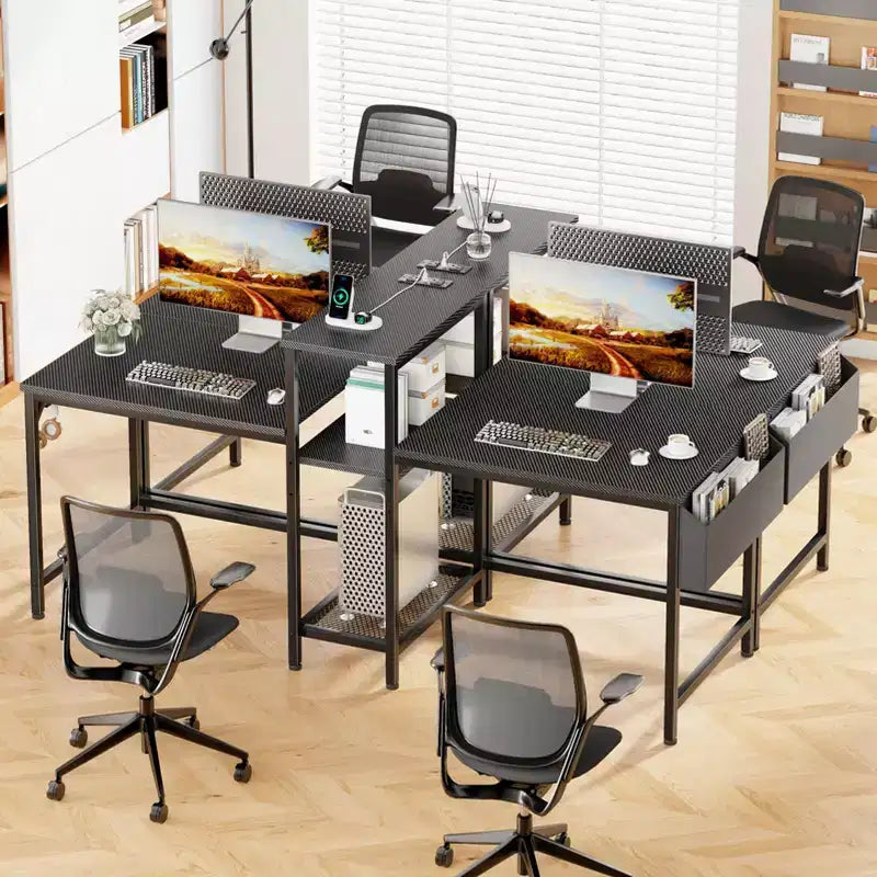 Bureau de jeu noir de 71 pouces pour deux personnes avec lumières LED, bureau double pour ordinateur, support d'écran, étagères de rangement, crochet pour casque, poste de travail de bureau à domicile