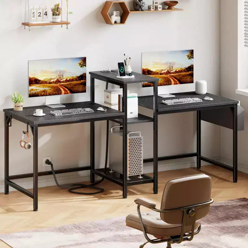 Bureau de jeu noir de 71 pouces pour deux personnes avec lumières LED, bureau double pour ordinateur, support d'écran, étagères de rangement, crochet pour casque, poste de travail de bureau à domicile