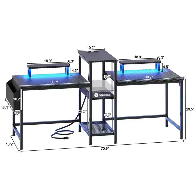 Bureau de jeu noir de 71 pouces pour deux personnes avec lumières LED, bureau double pour ordinateur, support d'écran, étagères de rangement, crochet pour casque, poste de travail de bureau à domicile